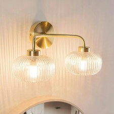 ValueLights Amaia Pair of Brushed Gold IP44 Rated 2 Way Clear Ribbed Glass Wall Lights