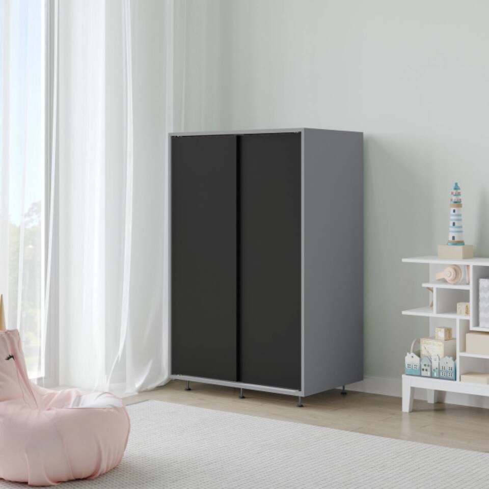 image 1 of URBNLIVING 2 Sliding Door Wardrobe 120cm Freestanding Unit | Multi | Grey Carcass + Black Doors | 1