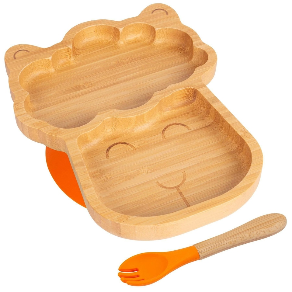 image 1 of Tiny Dining Bamboo Llama Baby Weaning Plate & Fork Set - Orange