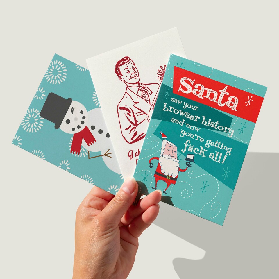 image 1 of Funny Rude Christmas Cards Set of 8 - A6 Size - Adult Humour Cheeky Xmas Designs