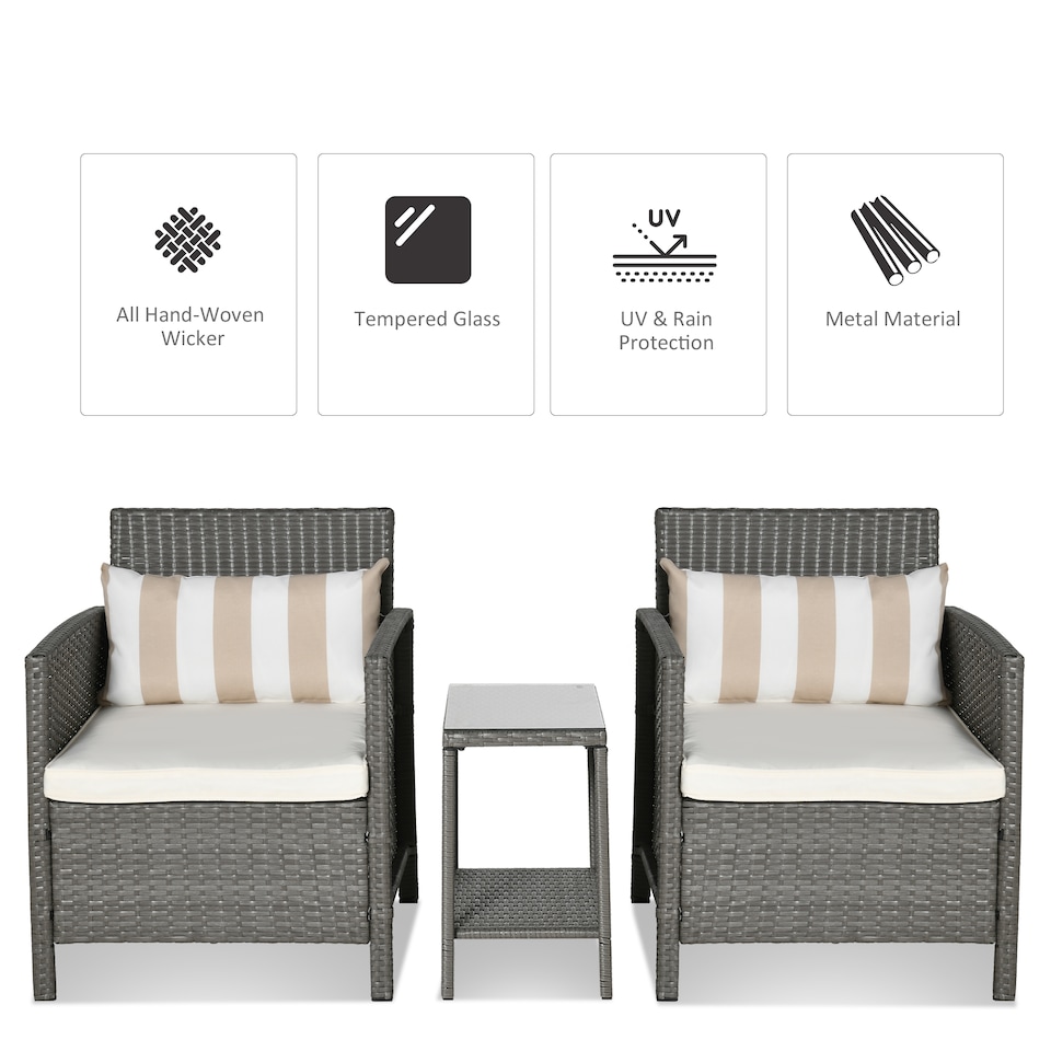 image 1 of Outsunny 3 Pieces Rattan Bistro Set, Wicker Garden Furniture Set, Glass Top 2 tier Coffee Table and Chairs Set with Pillows and Washable Cushions for Outdoor, Patio, Balcony, Light Grey