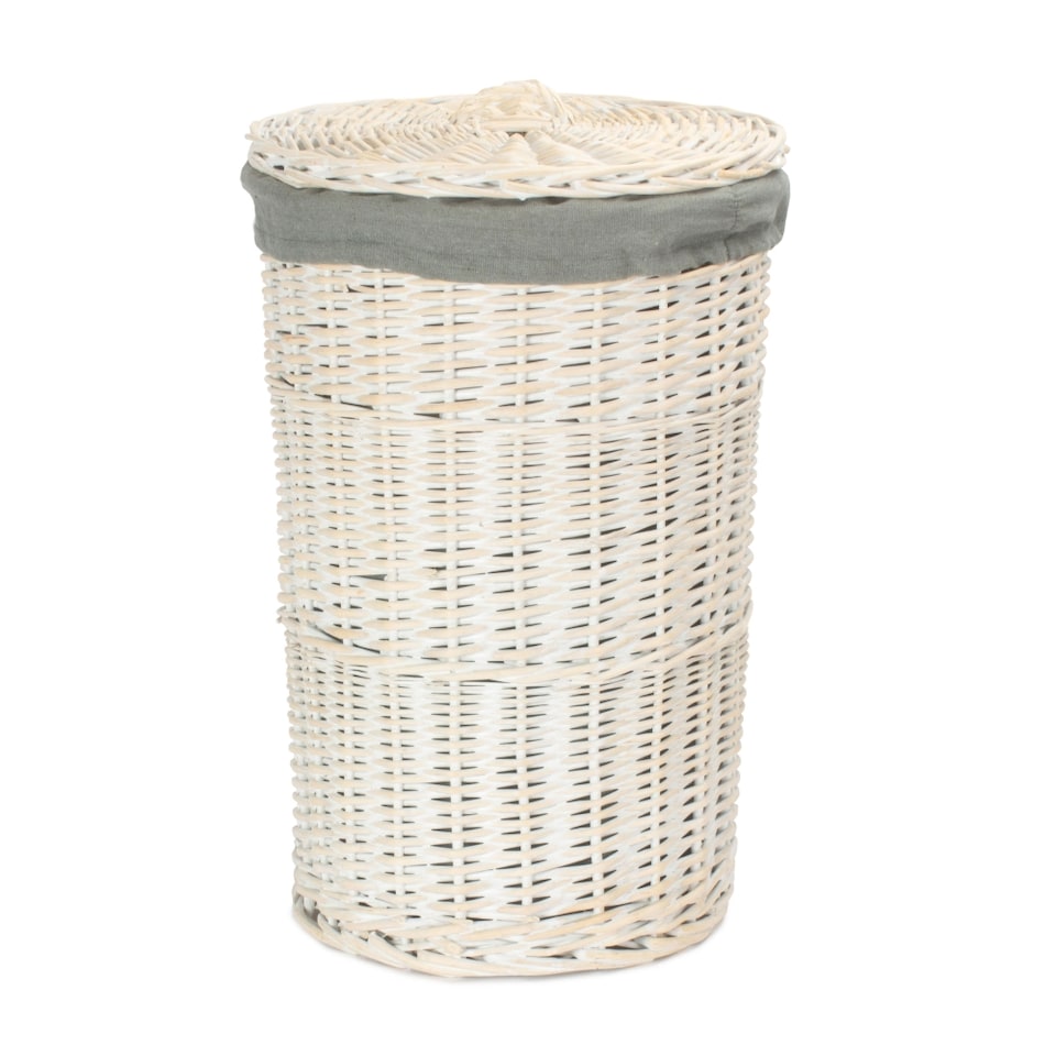 image 1 of Small Round White Wash Laundry Hamper with Grey Sage Lining | Grey | Grey