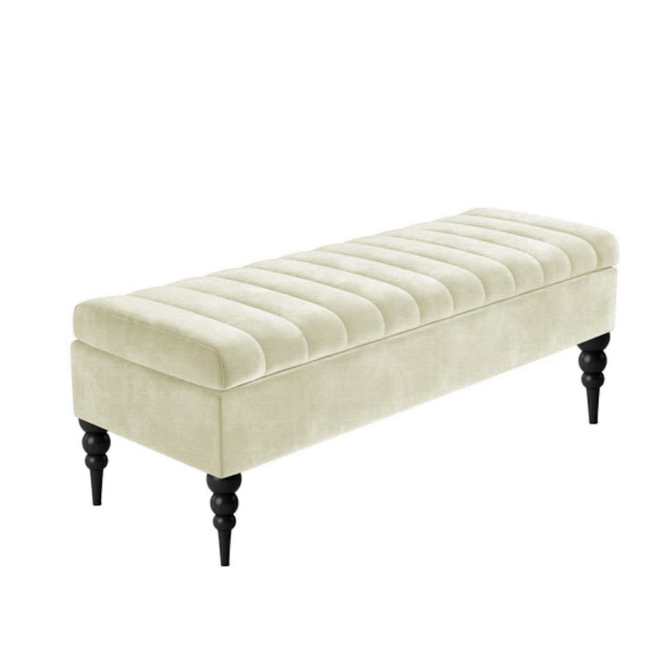 image 1 of 90cm Sierra Striped Naples Upholstered Ottoman Storage Bench with Black Turned Wooden Legs - Cream Shoes Storage Bench