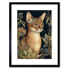 Abyssinian Cat Flowers Art Nouveau Modern Watercolour 9x7" Black Framed Wall Art Print