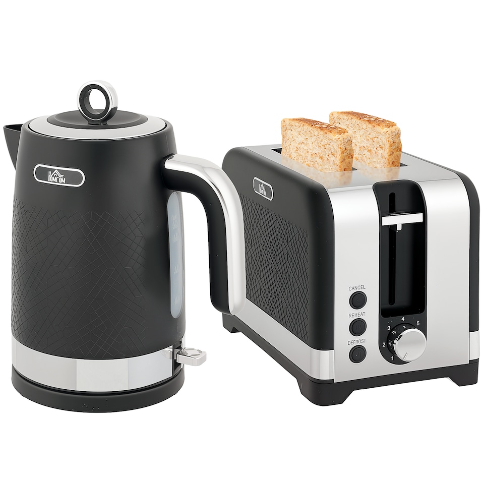 image 1 of HOMCOM Kettle and Toaster Set, 1.7L 3000W Rapid Boil Jug Kettle with Otter Thermostat, Limescale Filter, 2 Slice Toaster with 7 Browning Controls, Crumb Tray, Black | Black