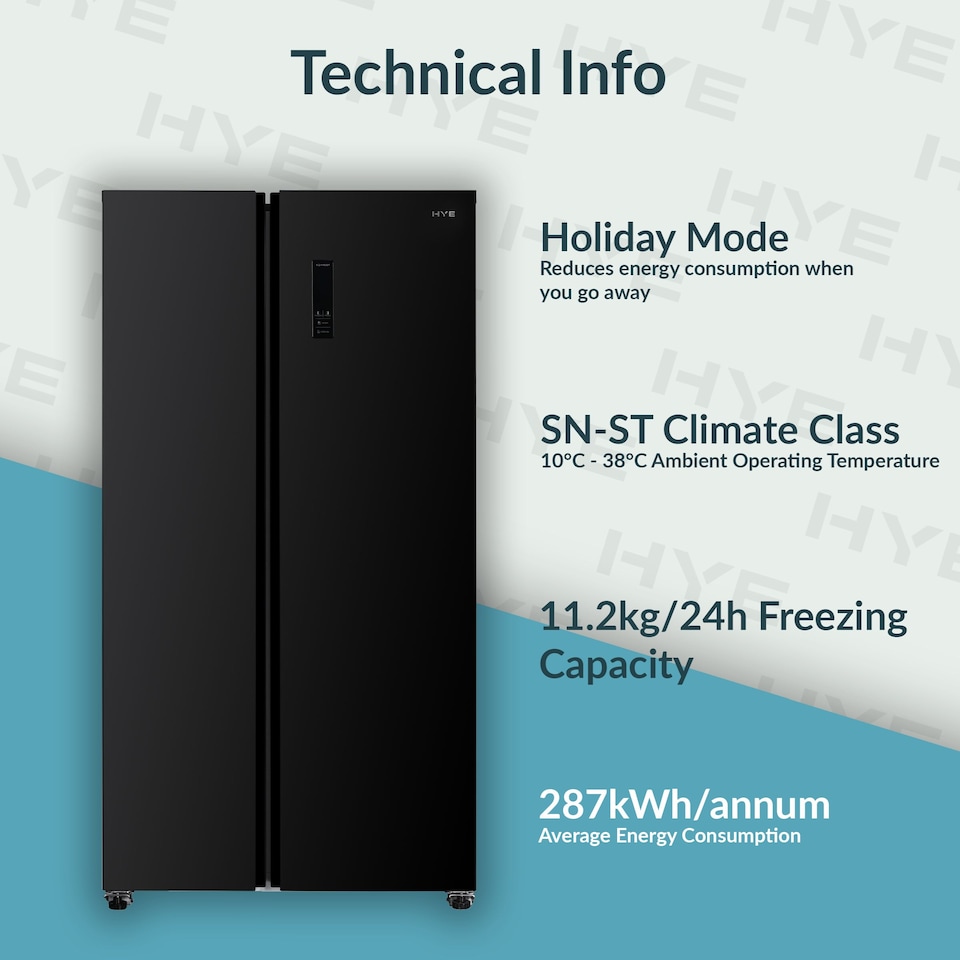 image 1 of HYE 442 Litre No Frost American Fridge Freezer, 91cm, Black - RF01AM442B01