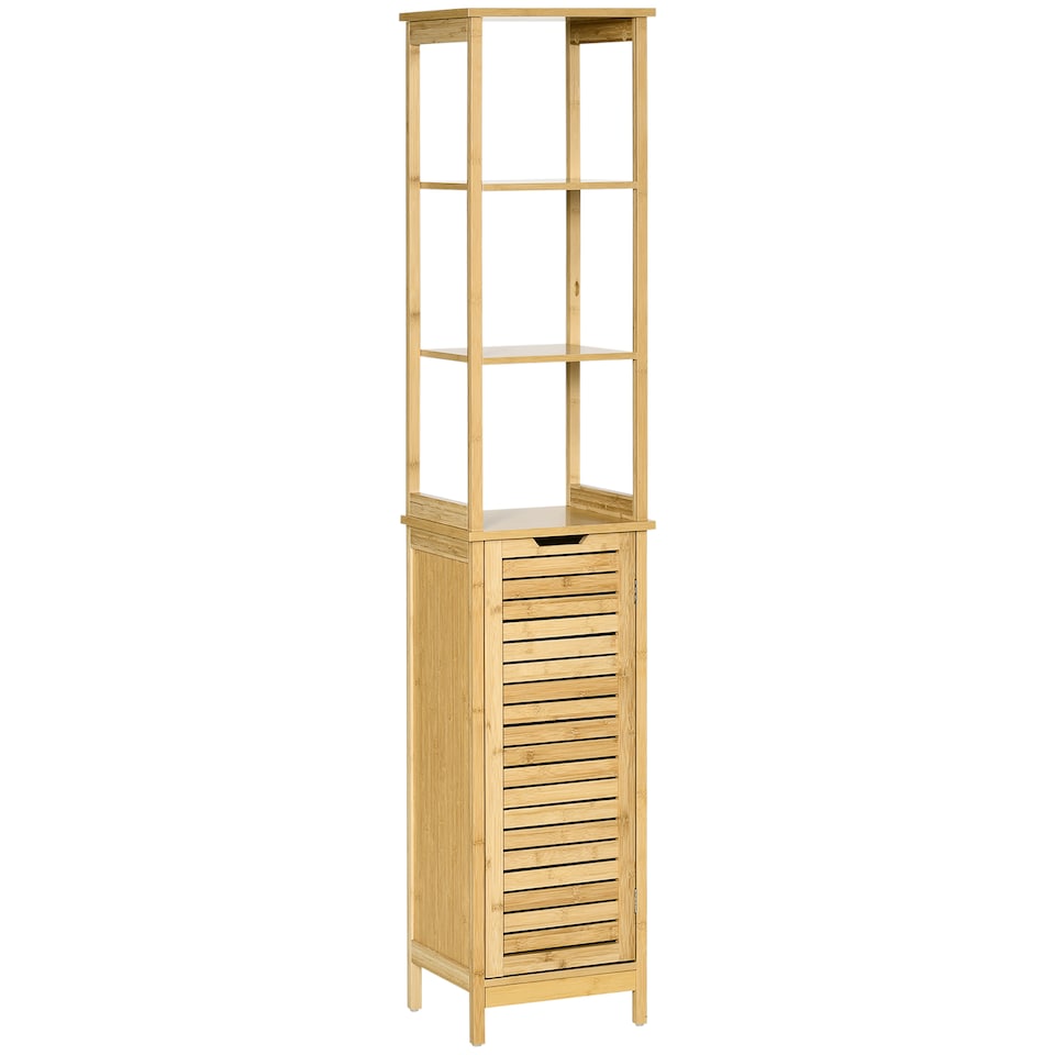image 1 of kleankin Tall Bathroom Cabinet, Slim Storage Cabinet, Tallboy Bamboo Storage Unit with 3-Tier Storage Shelves and Freestanding Organiser, Natural