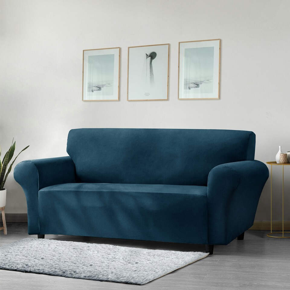 image 1 of Home Republic Mink Velvet Luxury Stretch Sofa Slip Cover - Three Seater Blue | Teal