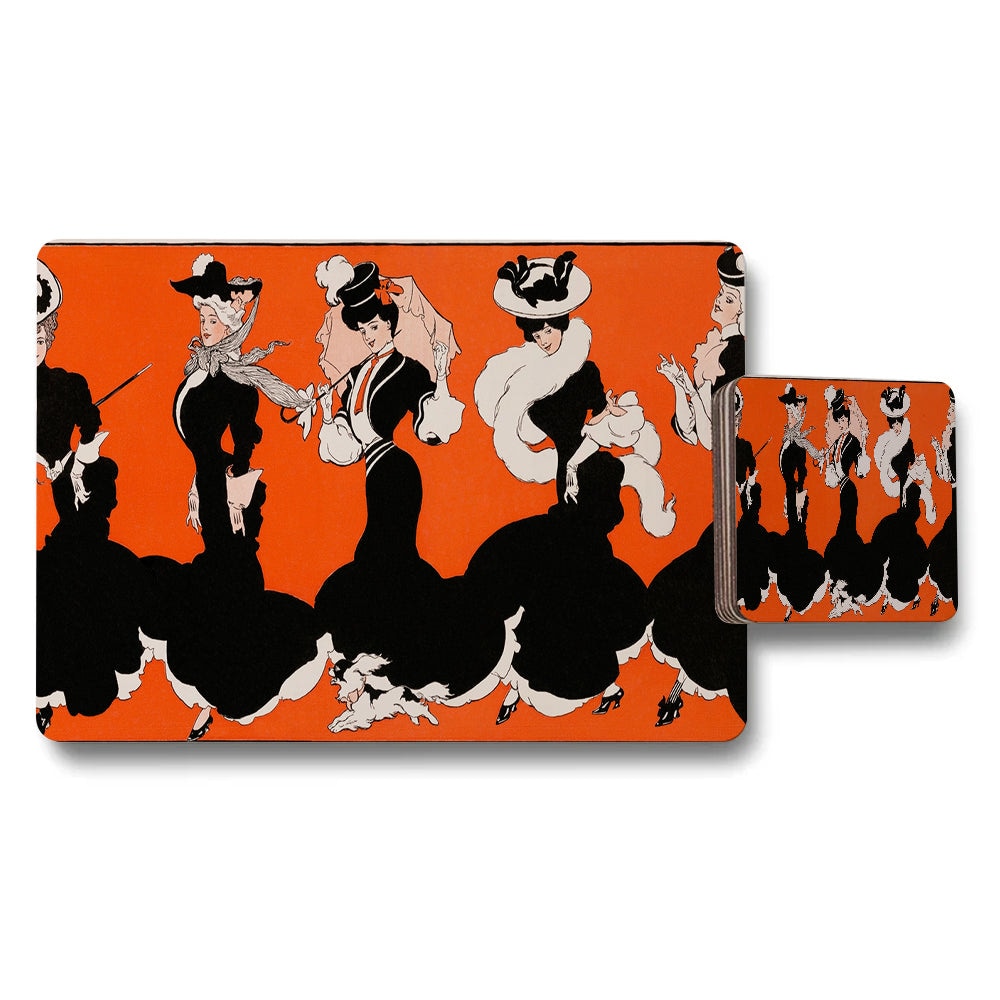 Vintage Silhouette Women Placemat And Coaster Set Orange Black