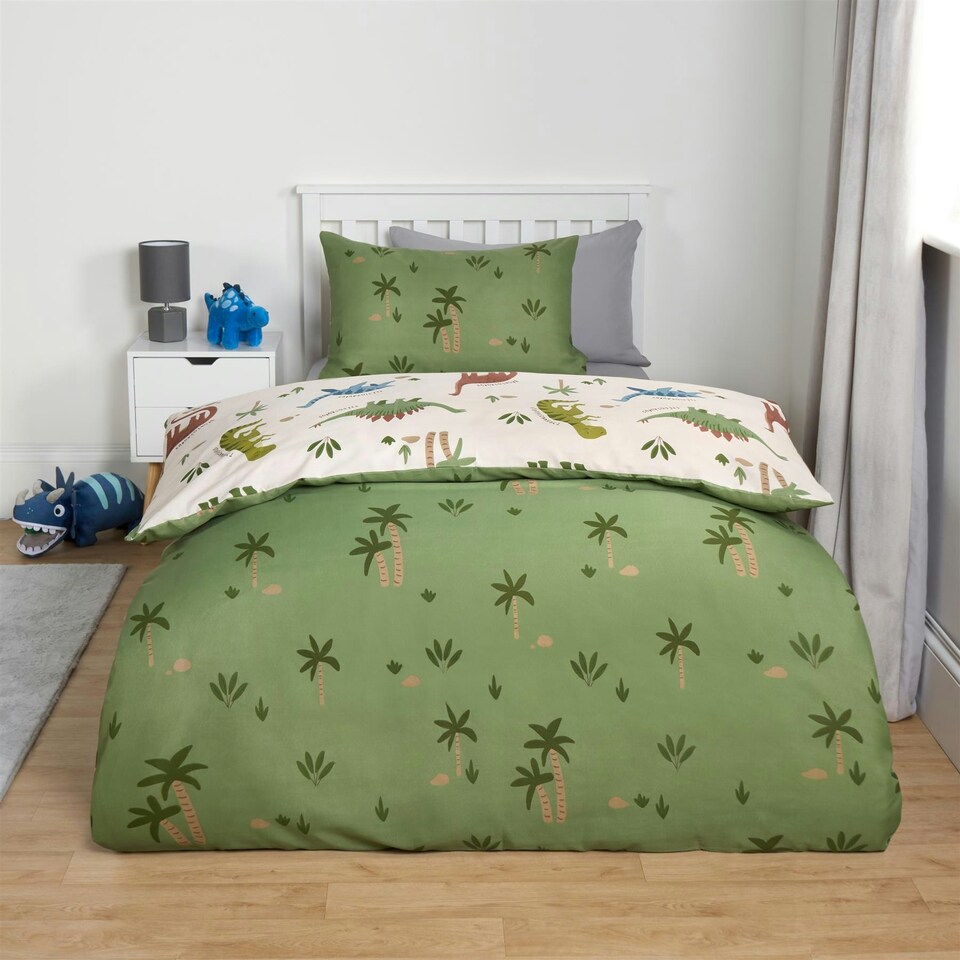 image 1 of OHS Dino Reversible Print Duvet Cover and Pillowcase Set, Single - Green