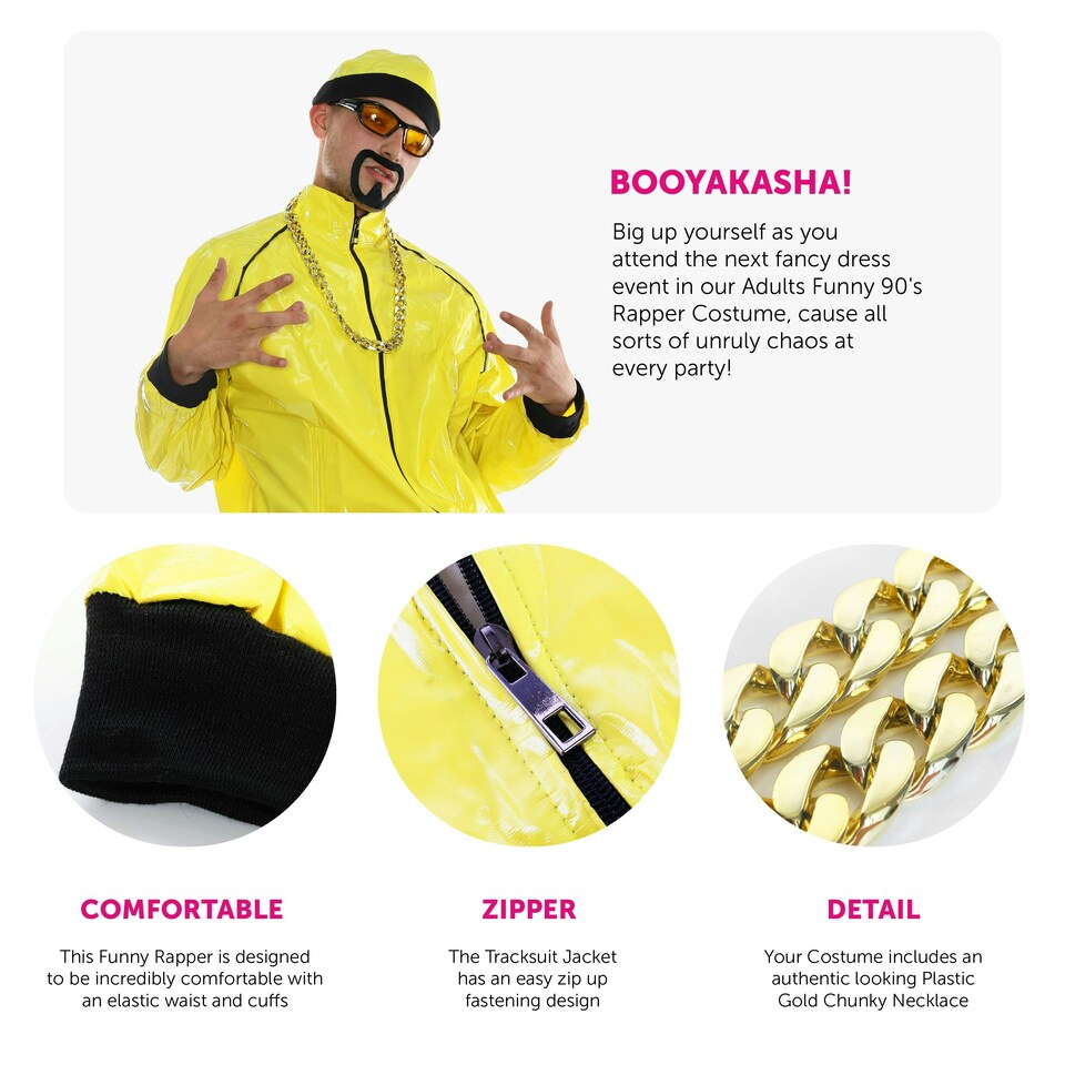 image 1 of Adult Yellow Rapper Ali Costume – 1980s Fancy Dress Outfit with Jacket, Beard & Gold Chain Yellow | XL