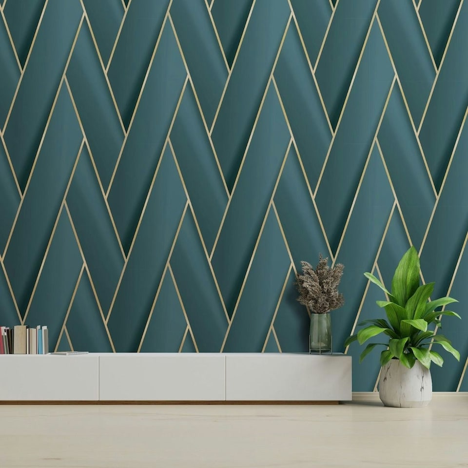 image 1 of Debona Armando Herringbone Wallpaper - Teal/Gold - 10m x 53cm Green