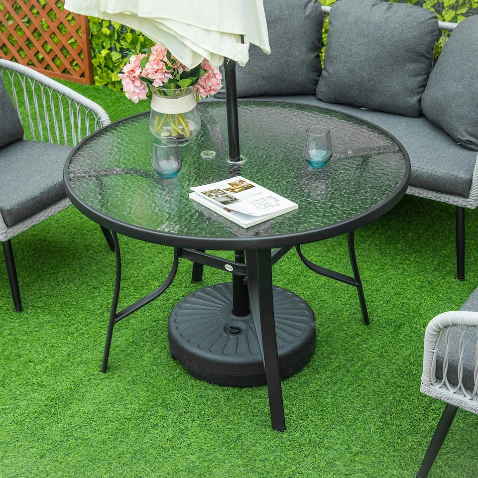 image 1 of Outsunny 106cm Round Garden Dining Table with Parasol Hole Glass Top