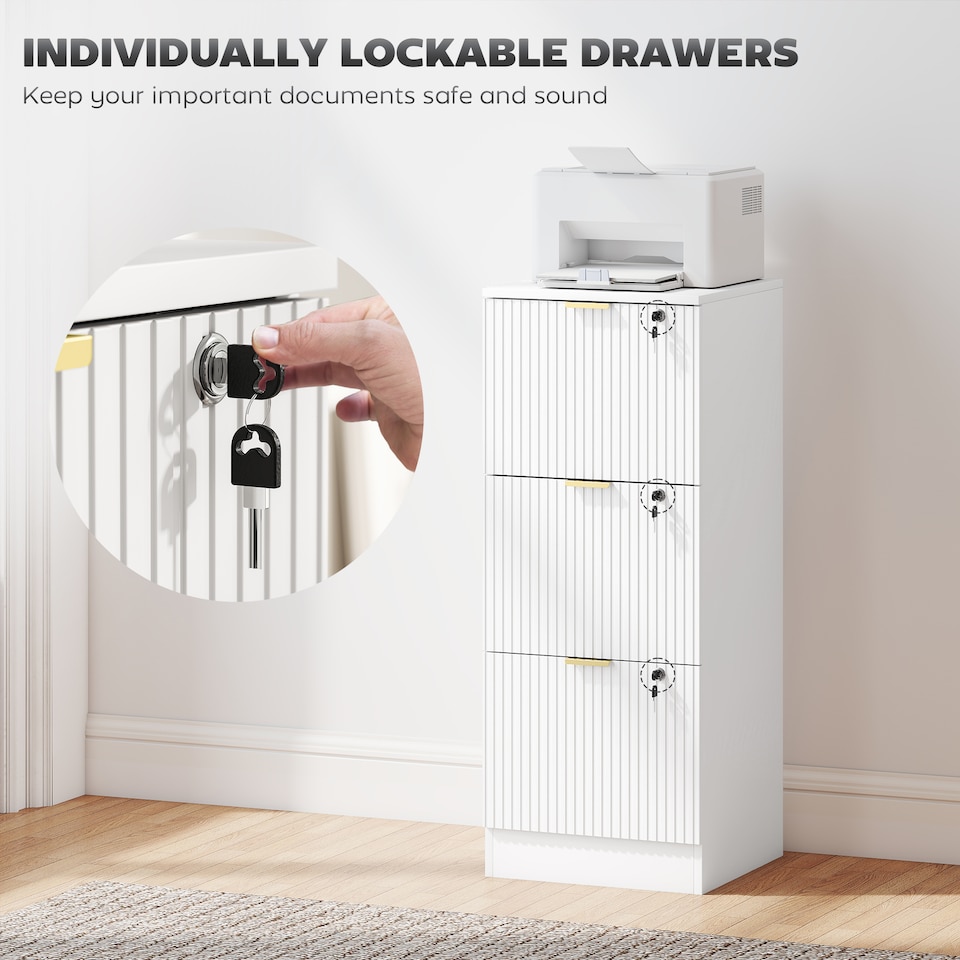 image 1 of Filing Cabinet, File Cabinet with 3 Lockable Drawers and Hanging Rails | White