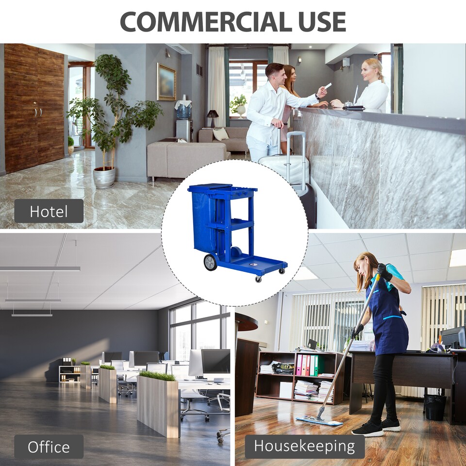 image 1 of HOMCOM Cleaning Carts On Wheels, Janitorial Trolley with 3 Tier Shelves, Housekeeping Utility Service Unit with Rubbish Bag and Mop Mount for Hotel, Office, Blue