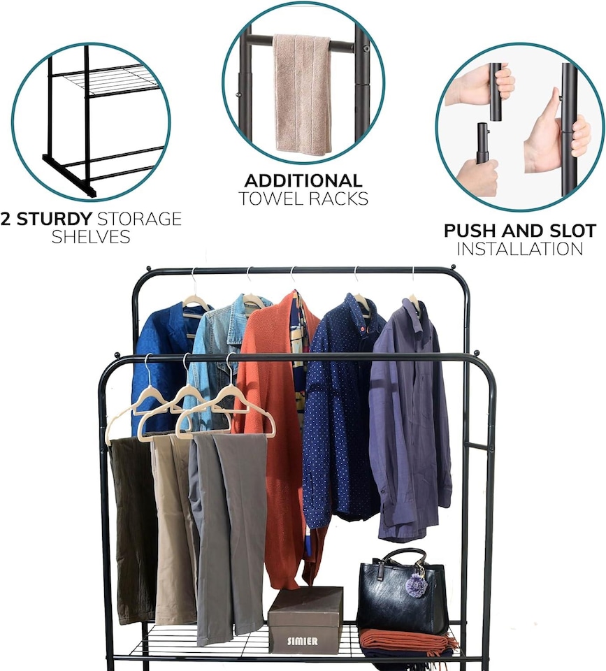 image 1 of House of Home Double Clothes Rail with Shoe Rack Heavy Duty Metal Garment Hanger Hat Bag Hooks