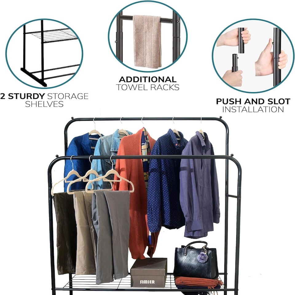 image 1 of House of Home Double Clothes Rail with Shoe Rack Heavy Duty Metal Garment Hanger Hat Bag Hooks