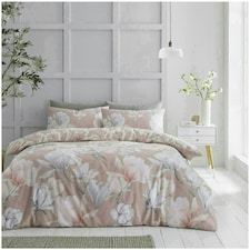 VELVETIO Magnolia Dream Printed Duvet Cover Set Reversible Polycotton Easy Care Beddings Pink | Blush Pink | King