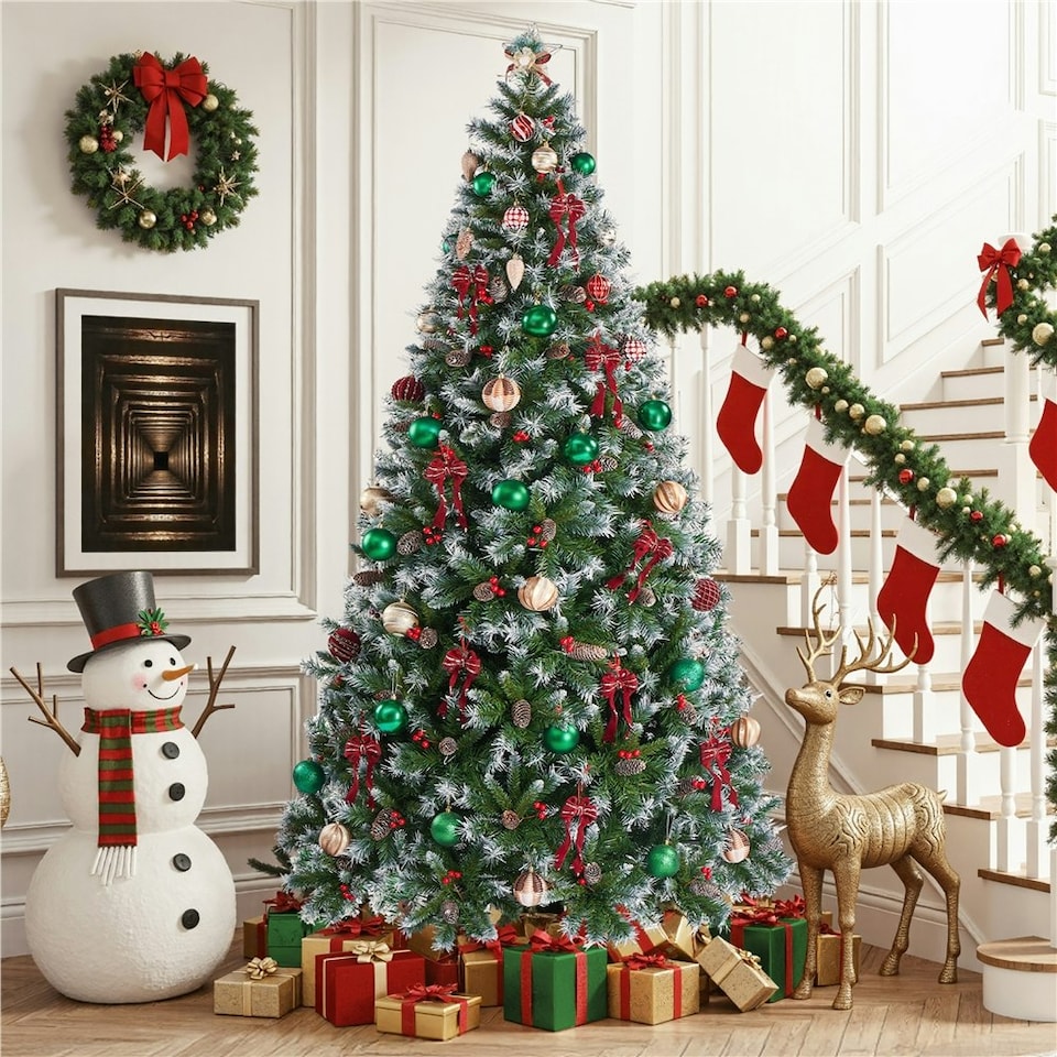 image 1 of Yaheetech 213 cm Pre-lit Frosted Artificial Christmas Tree Green