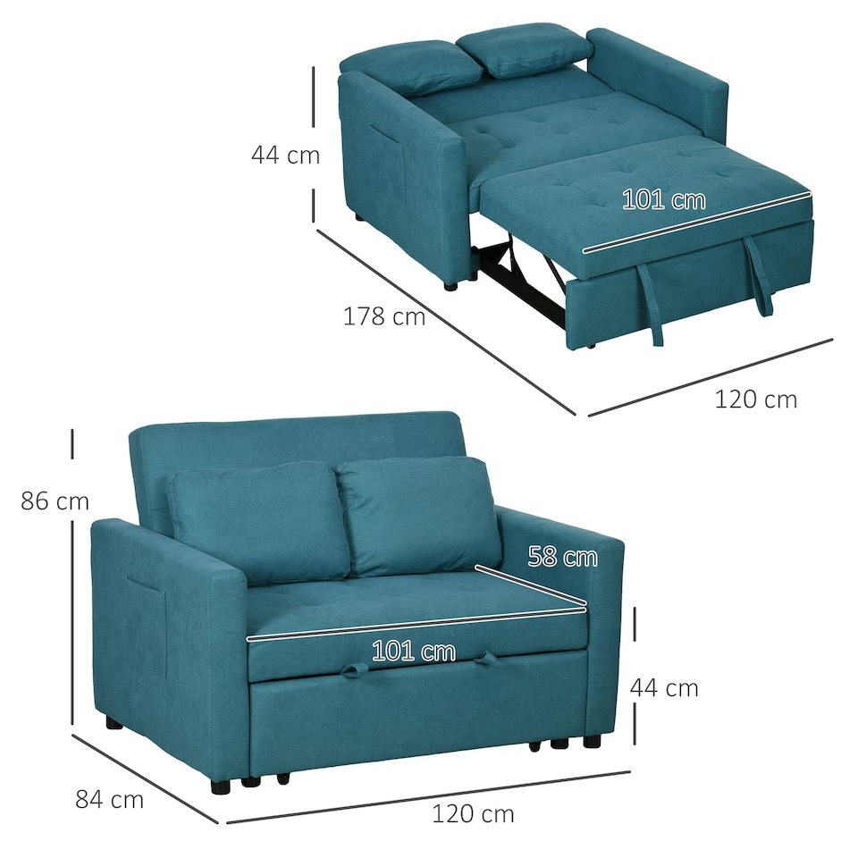 image 1 of HOMCOM 2 Seater Sofa Bed Convertible Bed Settee with Cushions, Blue