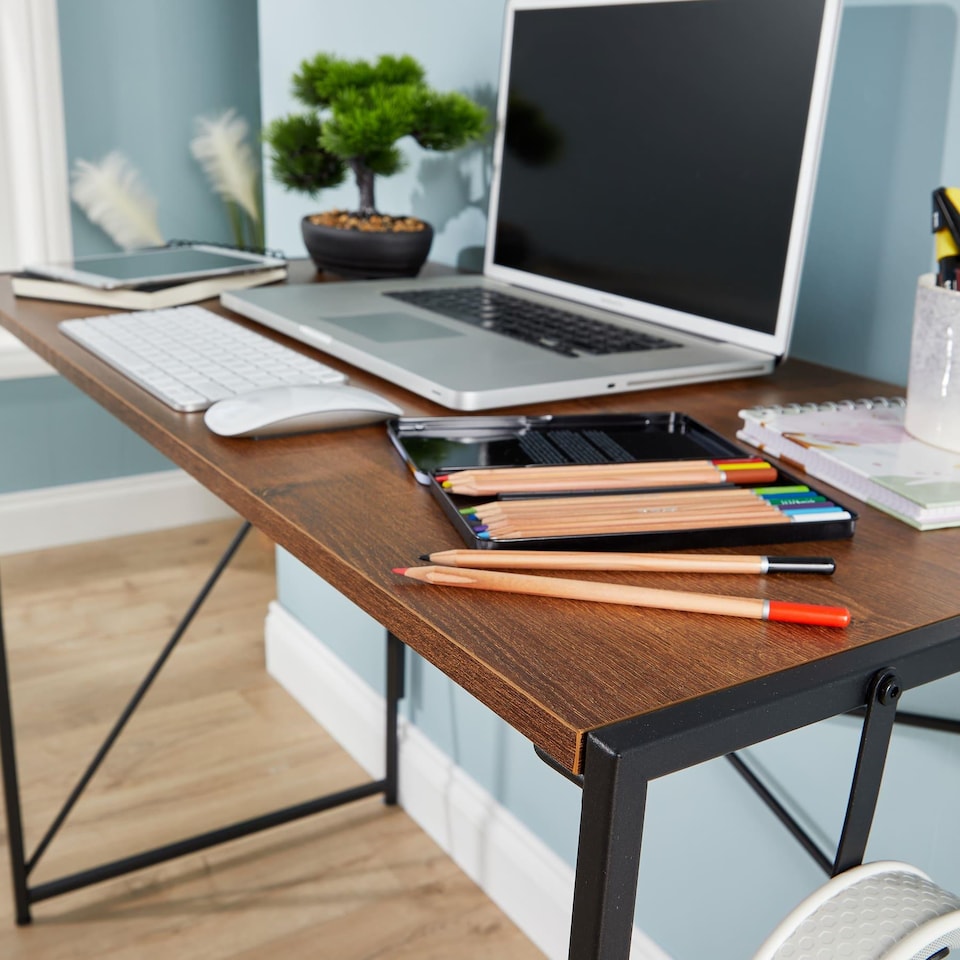 image 1 of Folding Compact Desk Storage Hook Wood Metal Office Computer Table Workstation | Brown