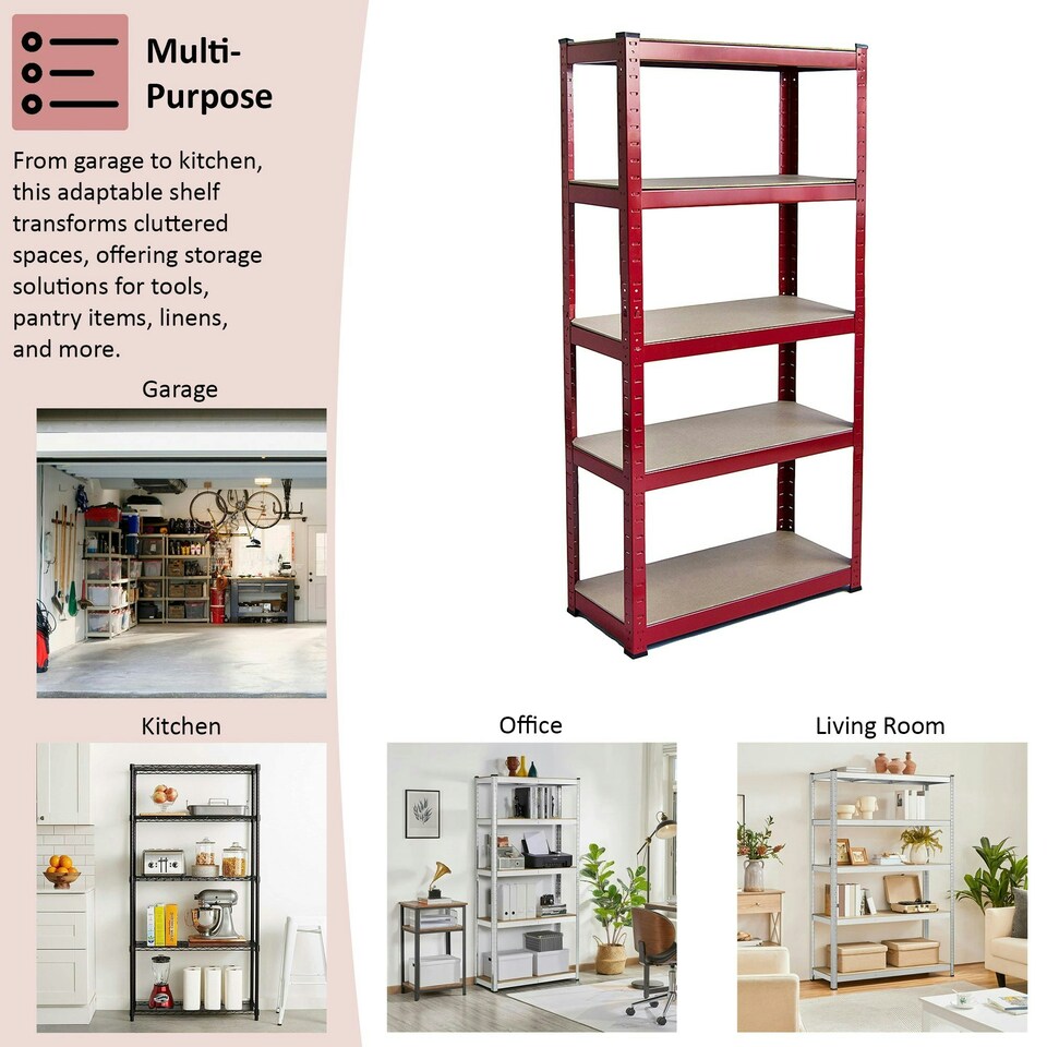 image 1 of Home Vida 5 Tier Garage Shelf Heavy Duty Boltless Shelving Storage Unit, Large, Red