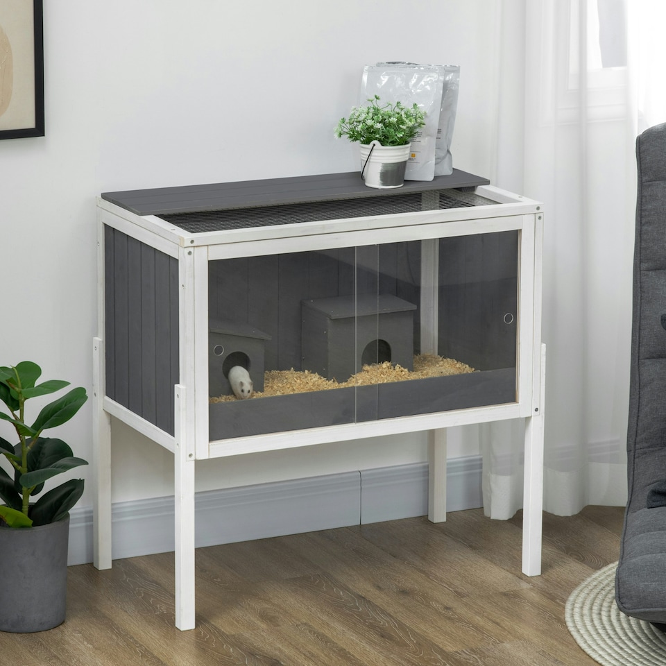 image 1 of PawHut Wooden Hamster Cage for Dwarf Hamsters, Gerbils, Rutin Chicken w/ Shelf