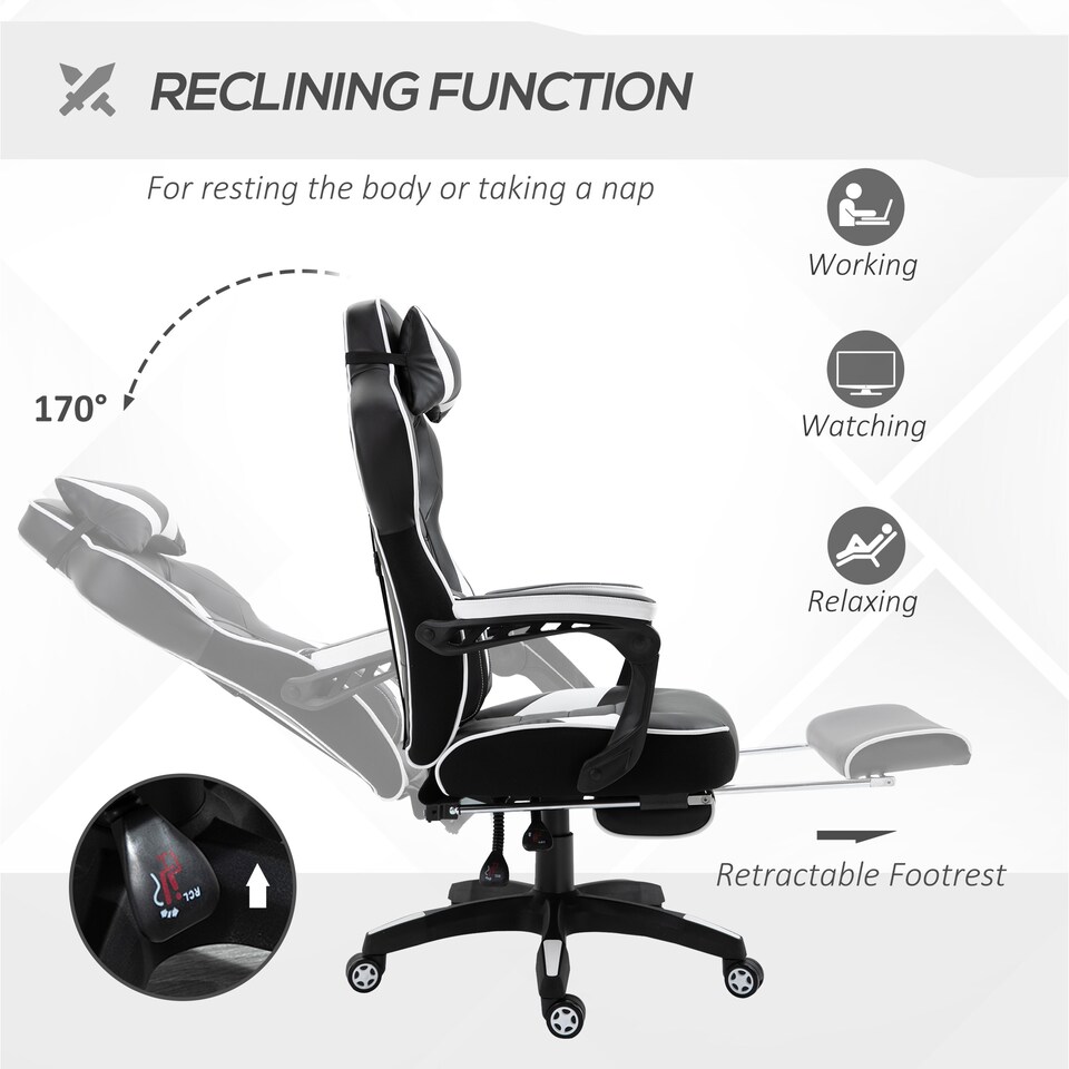 image 1 of Vinsetto Computer Gaming Chair, Racing Desk Chair with Lumbar Support and Footrest, PU Leather Gamer Chair with Headrest and Swivel Wheels for Home, White