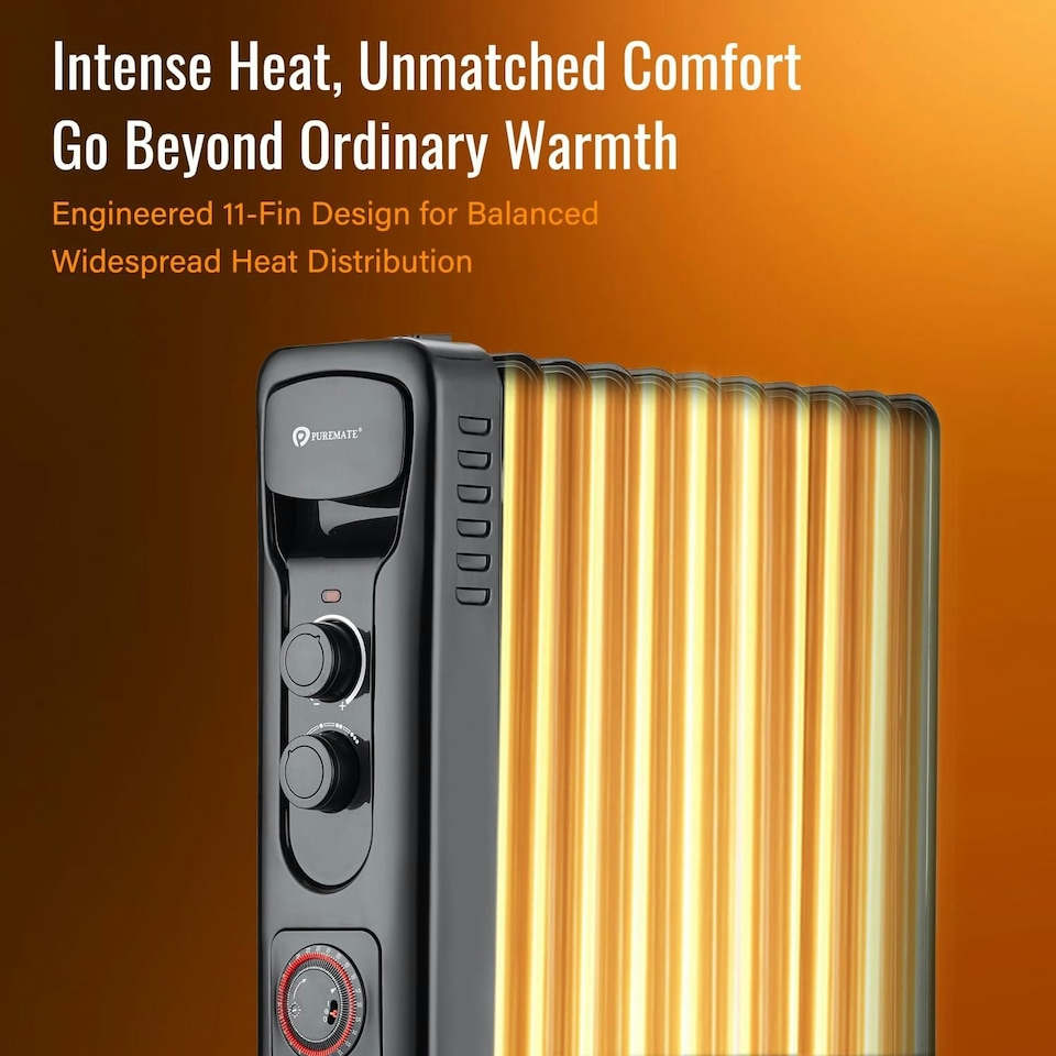 image 1 of PureMate 2500W Oil Filled Radiator, 11 Fin Portable Electric Heater with Adjustable Thermostat, 24hr Timer & 3 Heat Settings