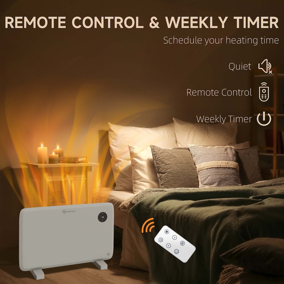 image 1 of HOMCOM 1200W Electric Panel Heater, Freestanding or Wall Mounted, Convector Heater with LED Display, Open Window Detection, Timer, Overheat Protection, Remote Control, White