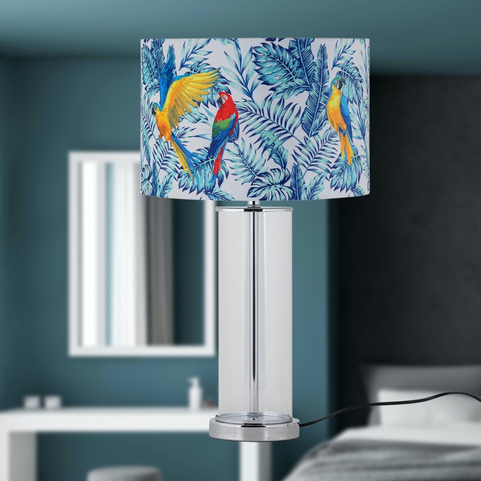 image 1 of Aura - Chrome Table Lamp with Parrot Velvet Shade Chrome | Multi