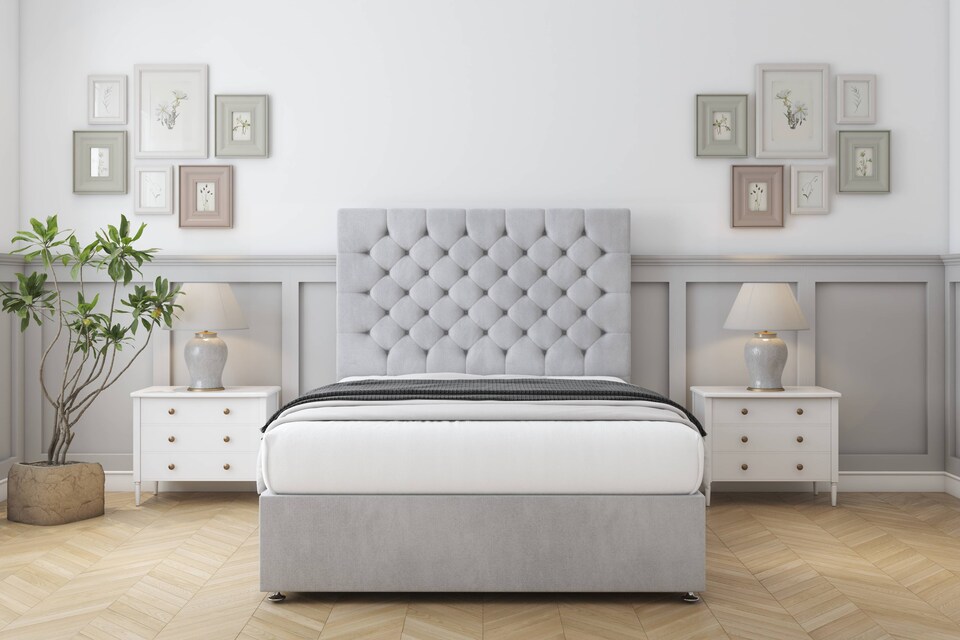 image 1 of Sloomy Mayfair Silver Naples Divan Bed Base 2 Drawers Same Side With 54 Inch Floor Standing Headboard | Silver | Silver | Small Double | 1