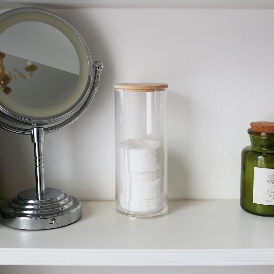 image 1 of Harbour Housewares Reusable Plastic Tall Cotton Pad Holder with Bamboo Lid