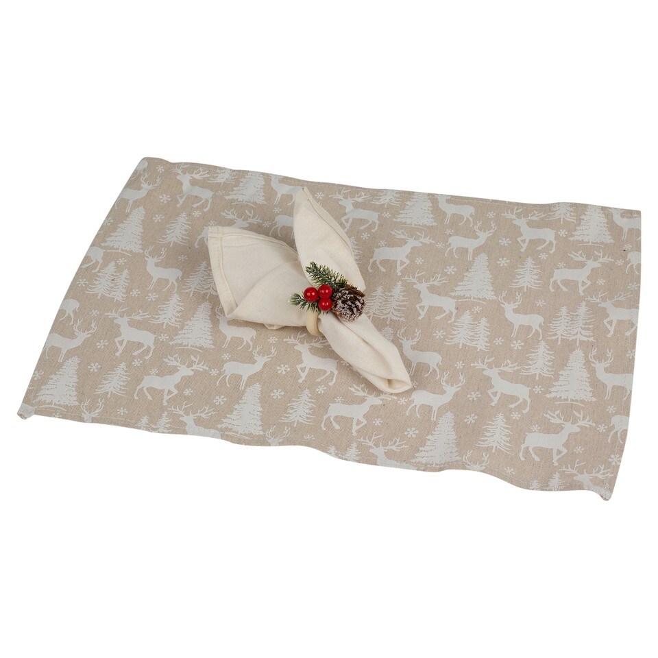 image 1 of 12 Pcs Washable Christmas Placemat & Napkin Ring Set Festive Acorn Berries Decor | Multi | White Reindeer