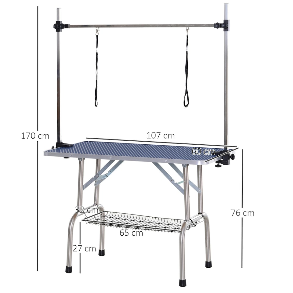 image 1 of PawHut Metal Adjustable Dog Grooming Table Rubber Top 2 Safety Slings Mesh