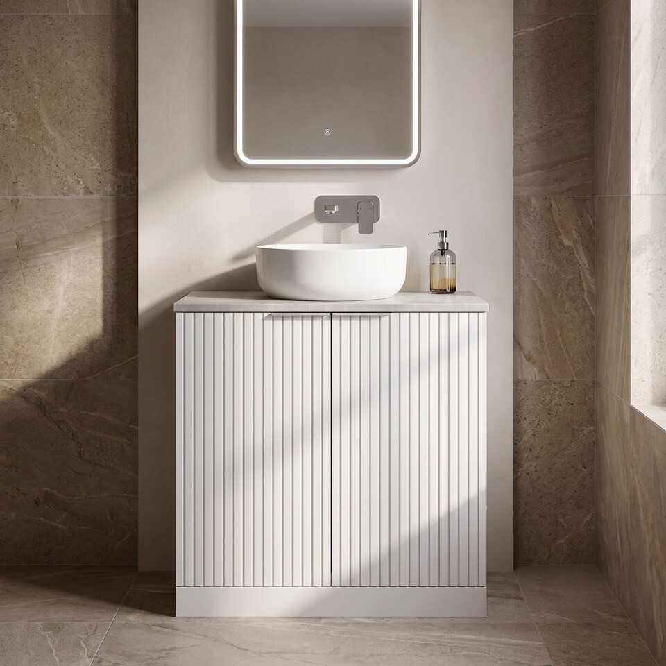 image 1 of Balterley Callingwood Contemporary Floor Standing 2 Door Vanity Unit with White Sparkle Laminate Worktop , 800mm, Matt White