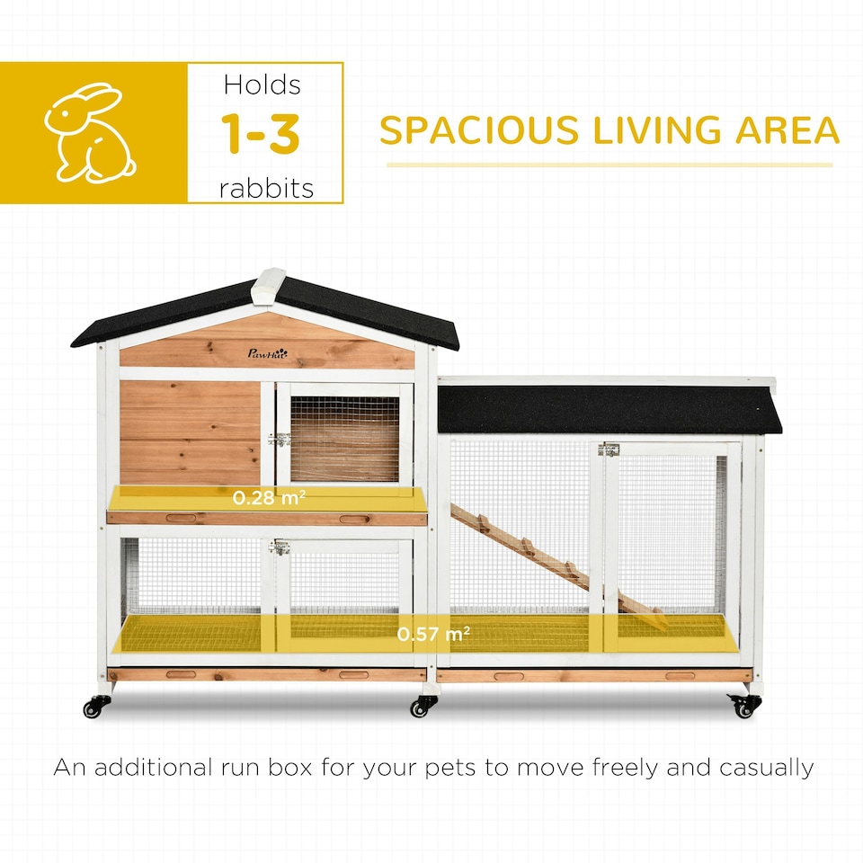 image 1 of PawHut Rabbit Hutch, Bunny Cage Outdoor 2-Tier w/ Wheels & Tray, Yellow