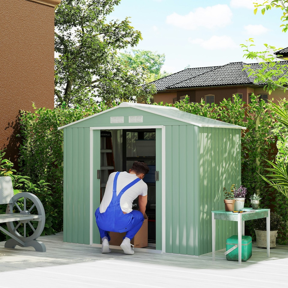 image 1 of Outsunny 7 x 4ft Garden Shed Storage with Foundation Kit and Vents Light Green