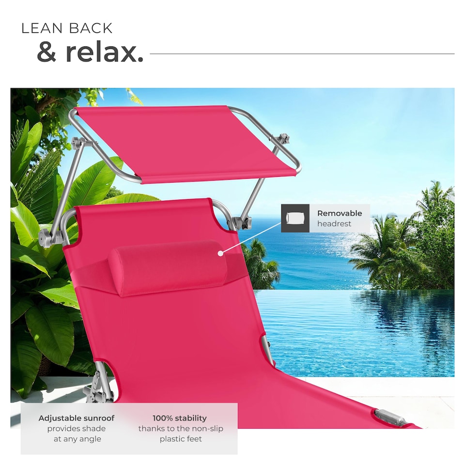 image 1 of Sun Lounger - foldable, adjustable sunroof, 4-step backrest, head cushion | Pink | pink | 1