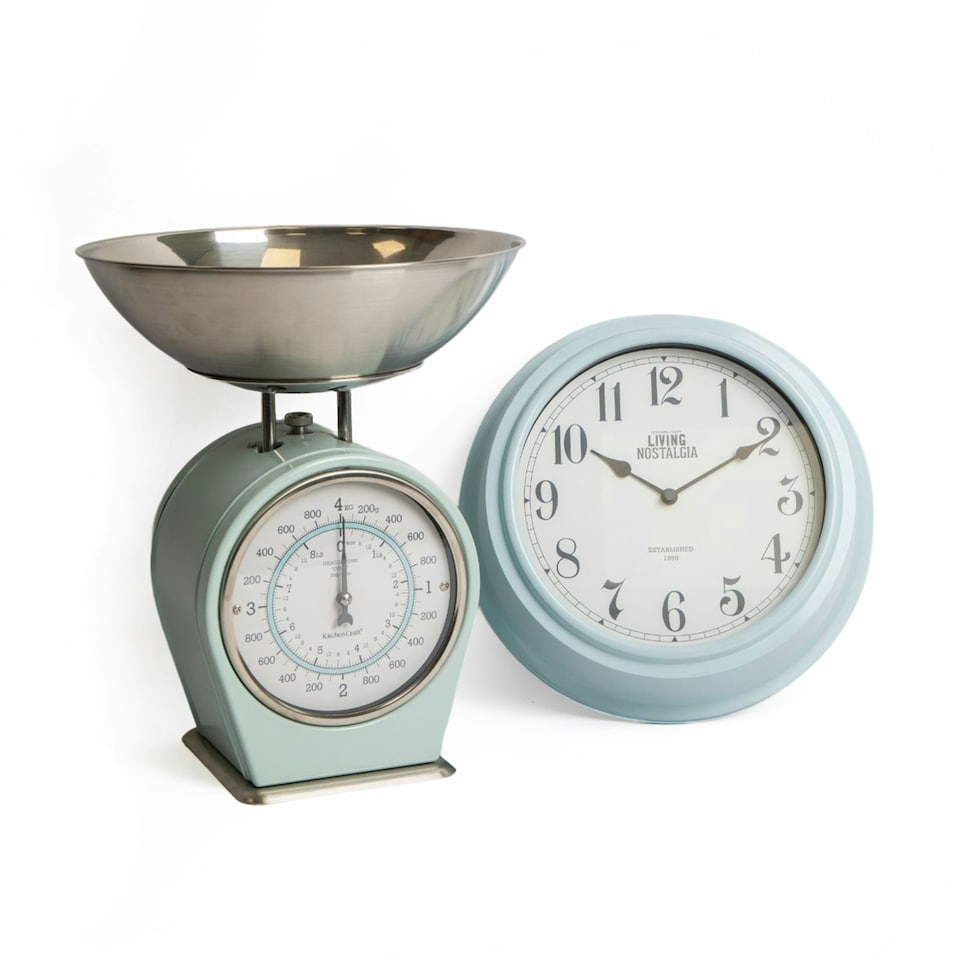 image 1 of 2pc Vintage Blue Kitchenware Set with Wall Clock and Mechanical Weighing Scales