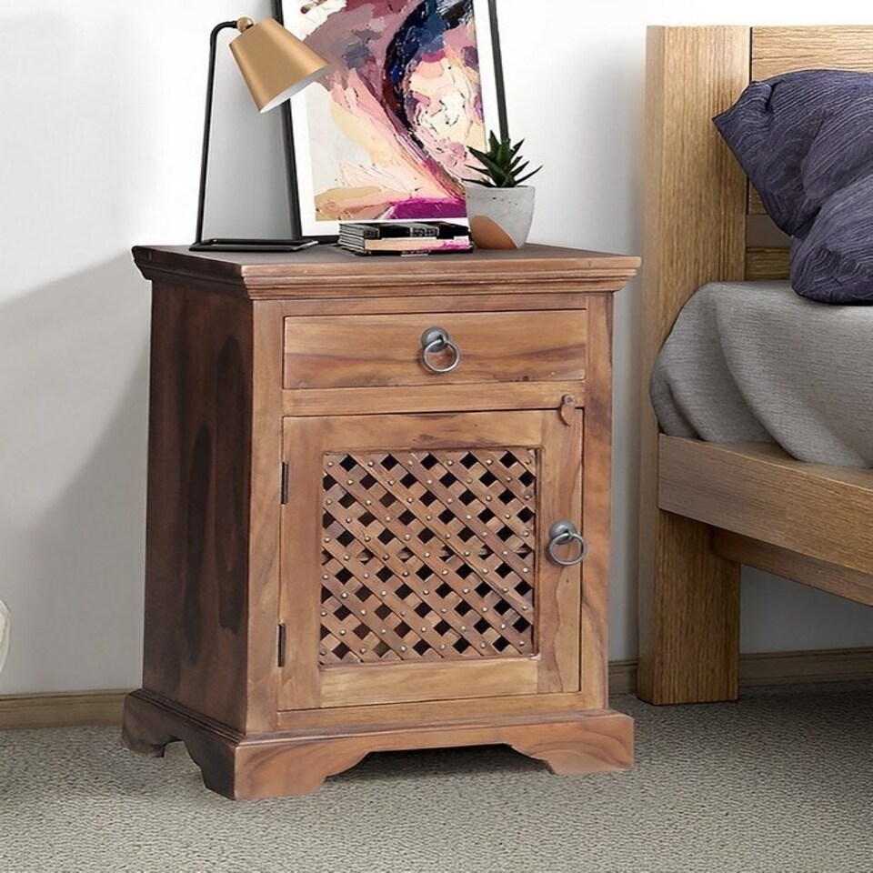 image 1 of Ganga Latic Jali Bedside with Right Side Door - Sheesham Wood - L31 x W45 x H65 cm - Honey Dark Finish