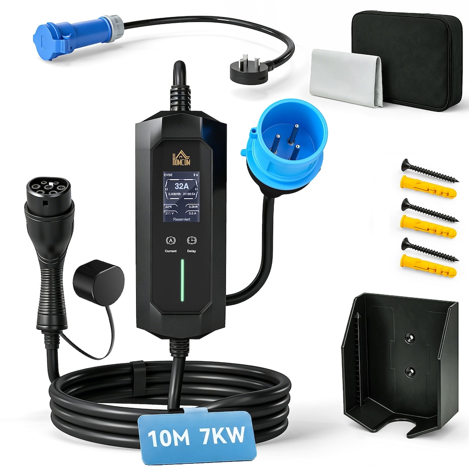 image 1 of HOMCOM EV Charger 7kW Type 2 to CEE 32A Plug with UK Adapter, 10 m, 6-32A