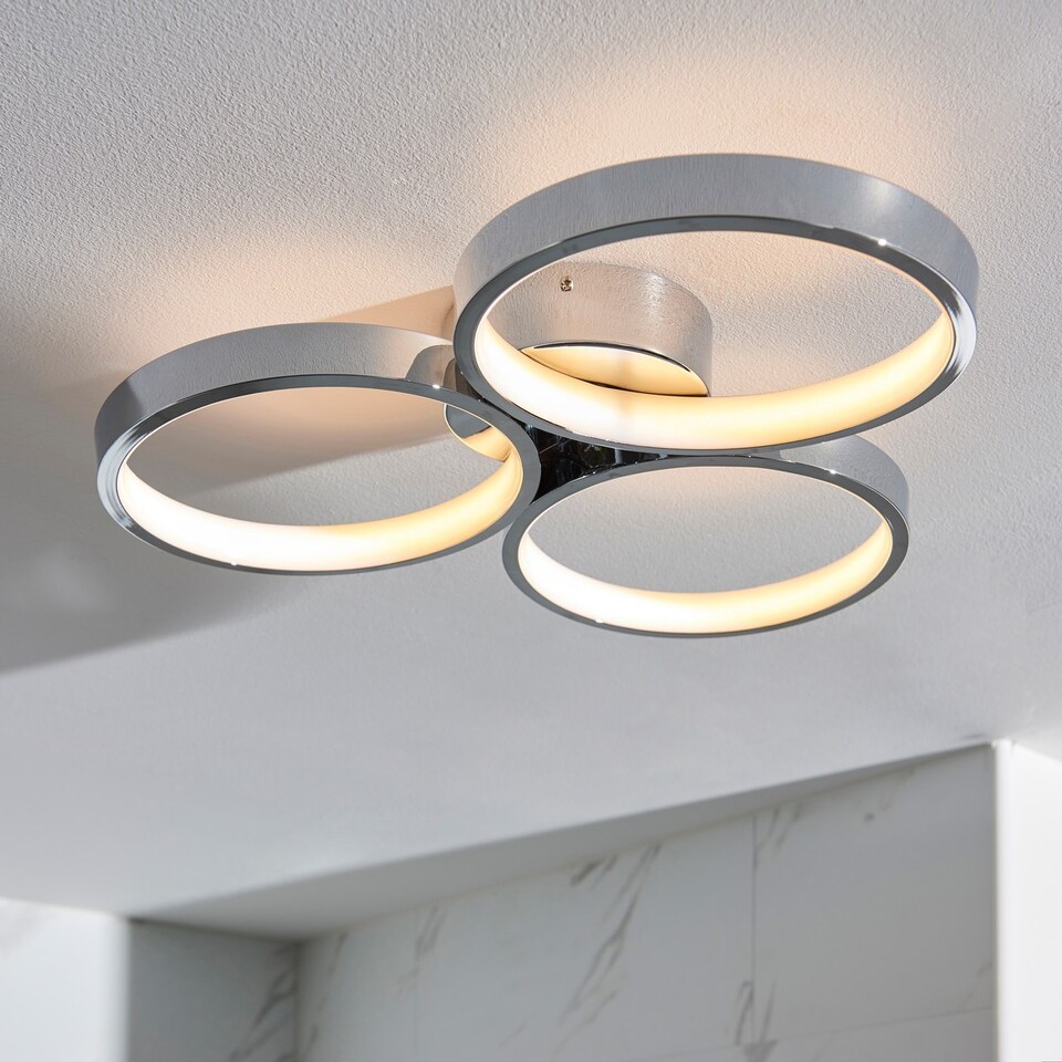 image 1 of Radius Modern Designer Round LED Semi Flush Ceiling Light Chrome, Warm White, IP44