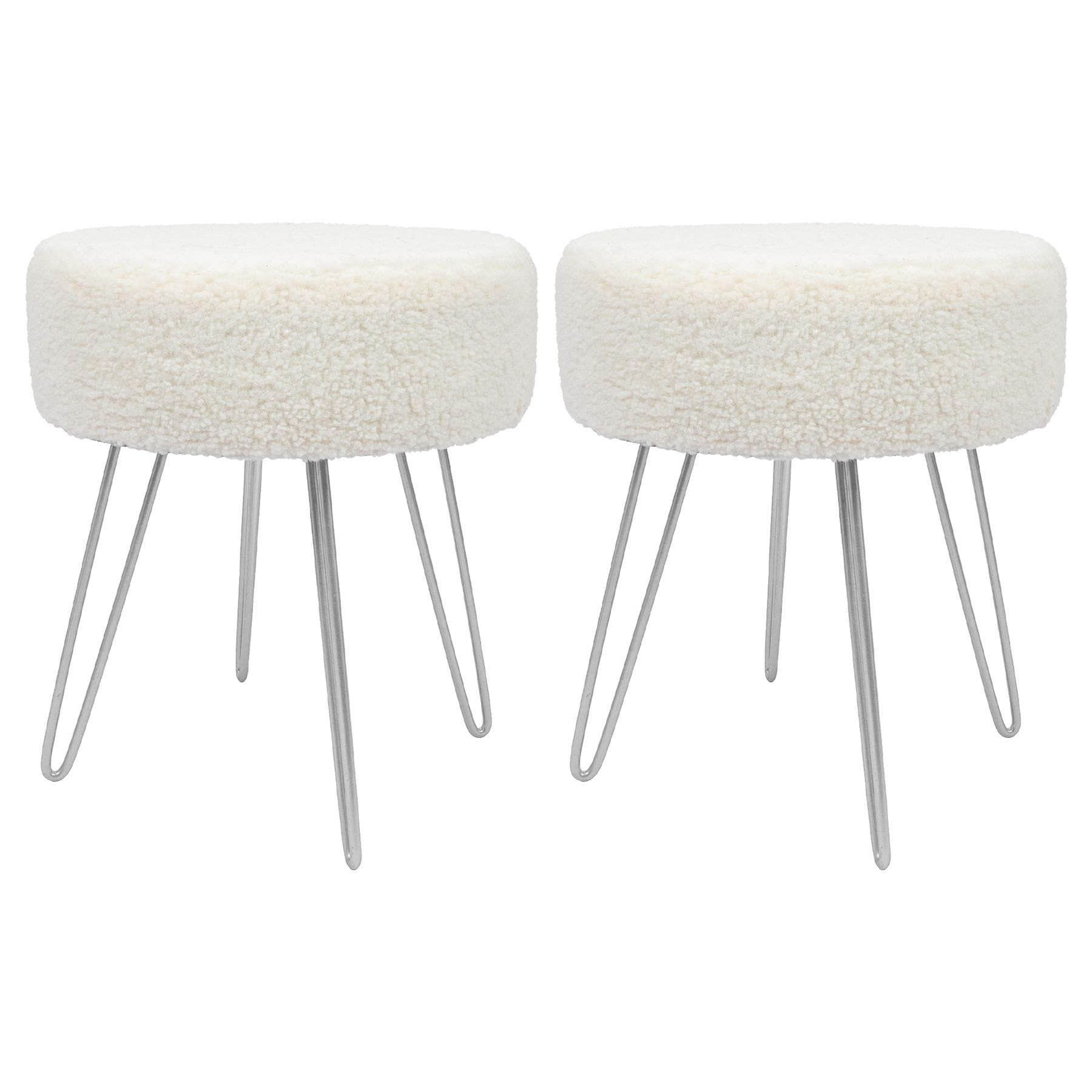 Harbour Housewares 2x Boucle Footstools - Round Modern Dressing Table Footstool Vanity Seat Chairs - 40 x 35cm - Silver Legs Silver Cream/Silver Pack