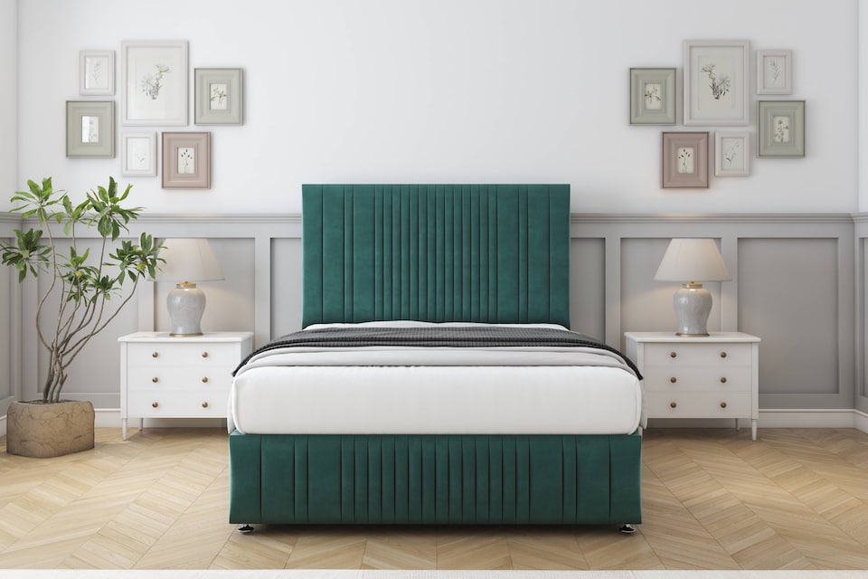 image 1 of Sloomy Kingsley Emerald Plush Divan Bed With Mattress 2 Drawers Right Side With 26" Strutted Headboard & 12" Matching Footboard 6' Super King | Green | Emerald | Super King | 1