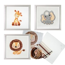 Trimits 3Pk Cross Stitch Bundle - Giraffe, Elephant, Lion, 13x13cm Beginner Kits, Complete with Threads & Instructions