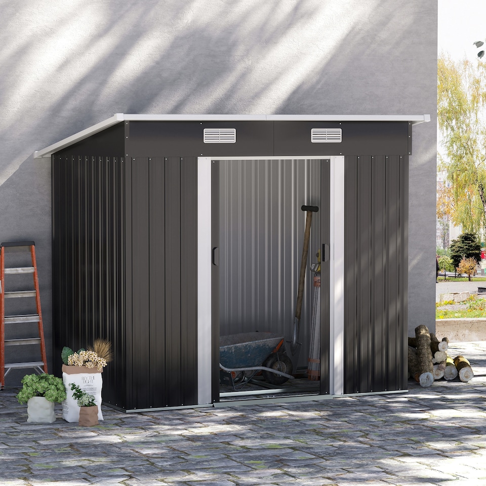 image 1 of Outsunny 7 x 4ft Outdoor Storage Shed, Lean to Metal Garden Shed with Foundation Kit for Log, Rubbish Bin, Tool, Lawnmower, Bike, Black