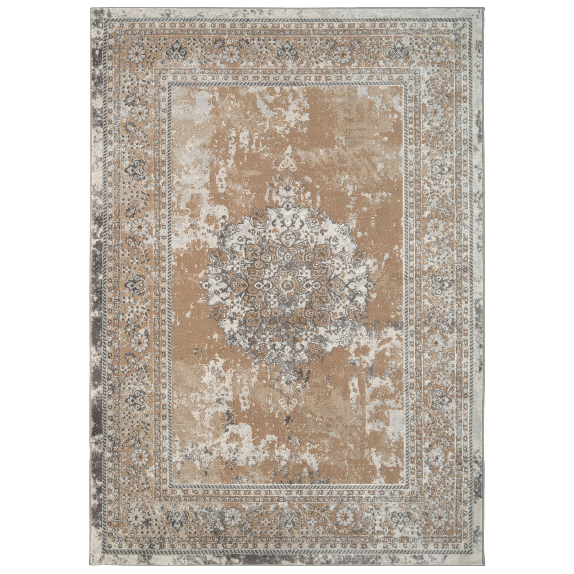 KUKOON Warm Beige Distressed Traditional Medallion Bordered Rug 160cm x 230cm | Cream