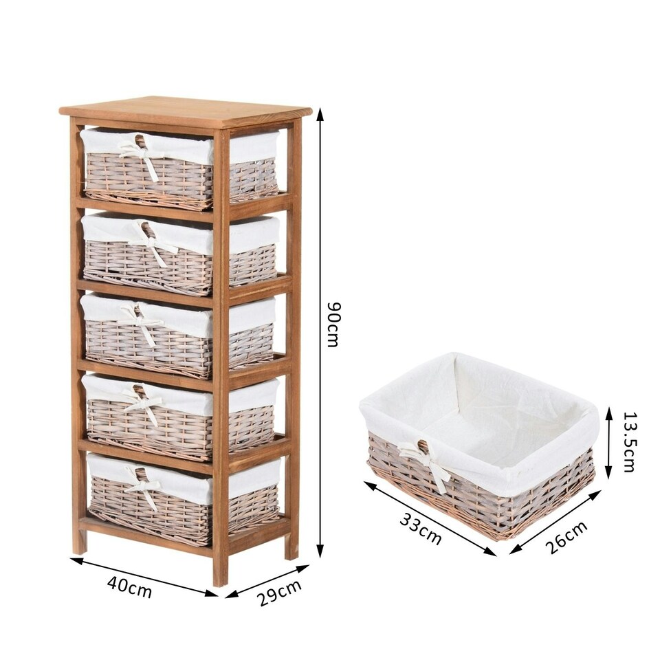 image 1 of HOMCOM 5 Drawer Wicker Basket Storage Shelf Unit Wooden Frame Home Natural
