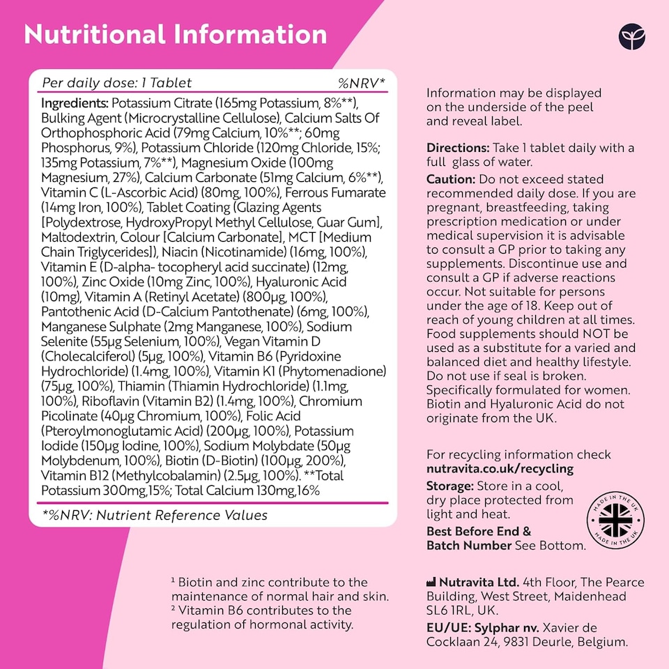 image 1 of Nutravita Women's Multivitamins and Minerals - 24 Essential Active Vitamins and Minerals with Hyaluronic Acid - Made in The UK - 180 Vegan Tablets